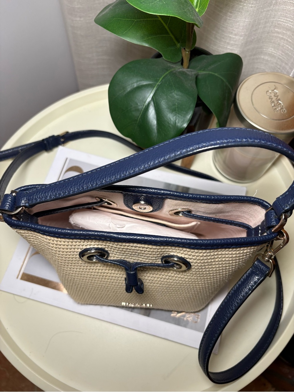 kate spade Cream and Navy Straw Crossbody Bucket Bag - Picture 5 of 7